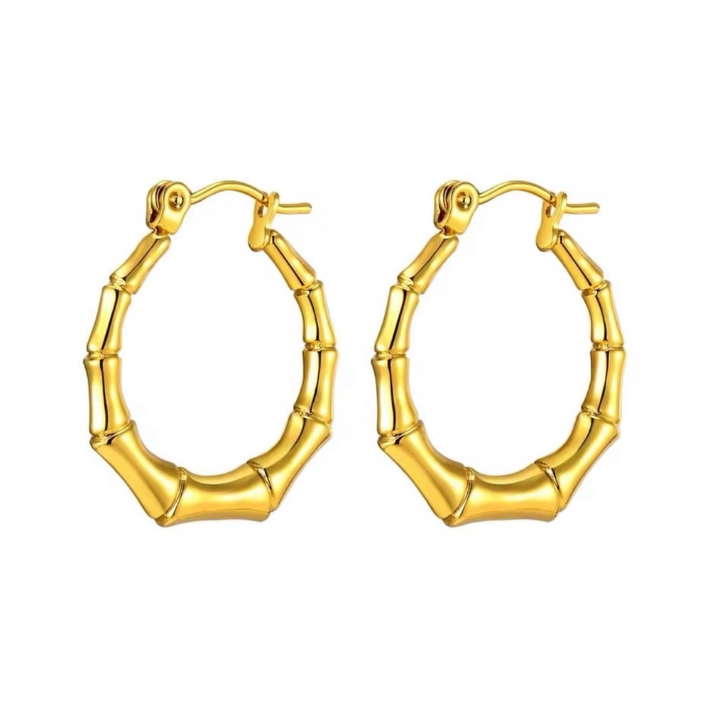 Gold Bamboo Hoop Earrings-Hoops Bamboo Earrings Stainless Steel Gold Jewelry